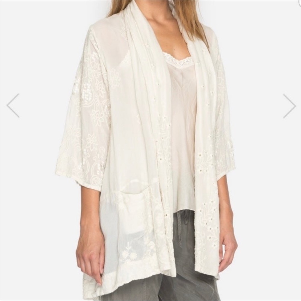 Johnny Was motley Open Kimono Cardigan ivory embroidered boho cover up